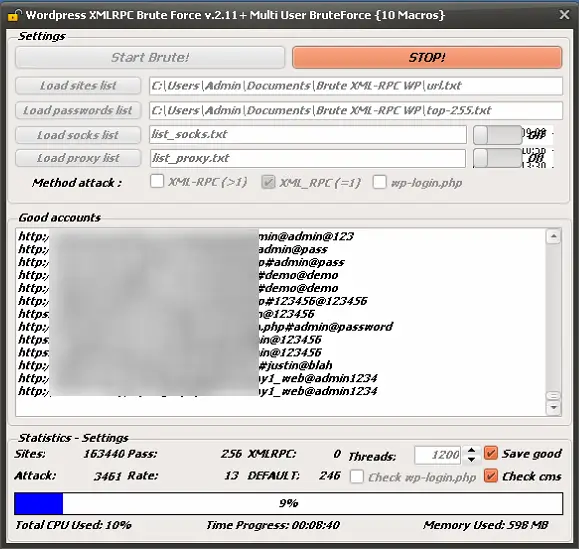 Wordpress XML-RPC + WP-LOGIN Bruteforce [10 macros] v.2.11